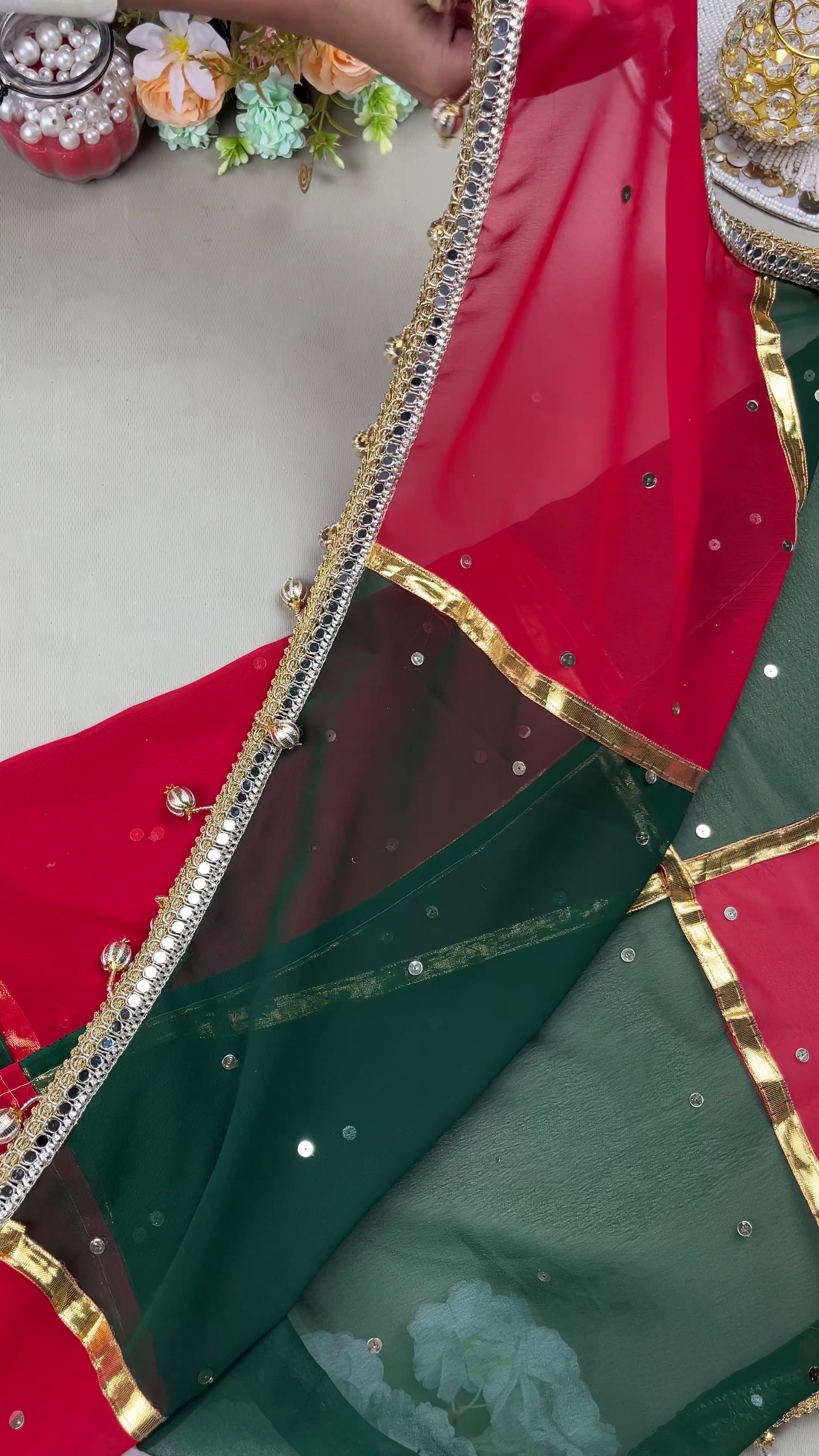 Traditional Green and Red Blouse with Premium Decorative Detailing