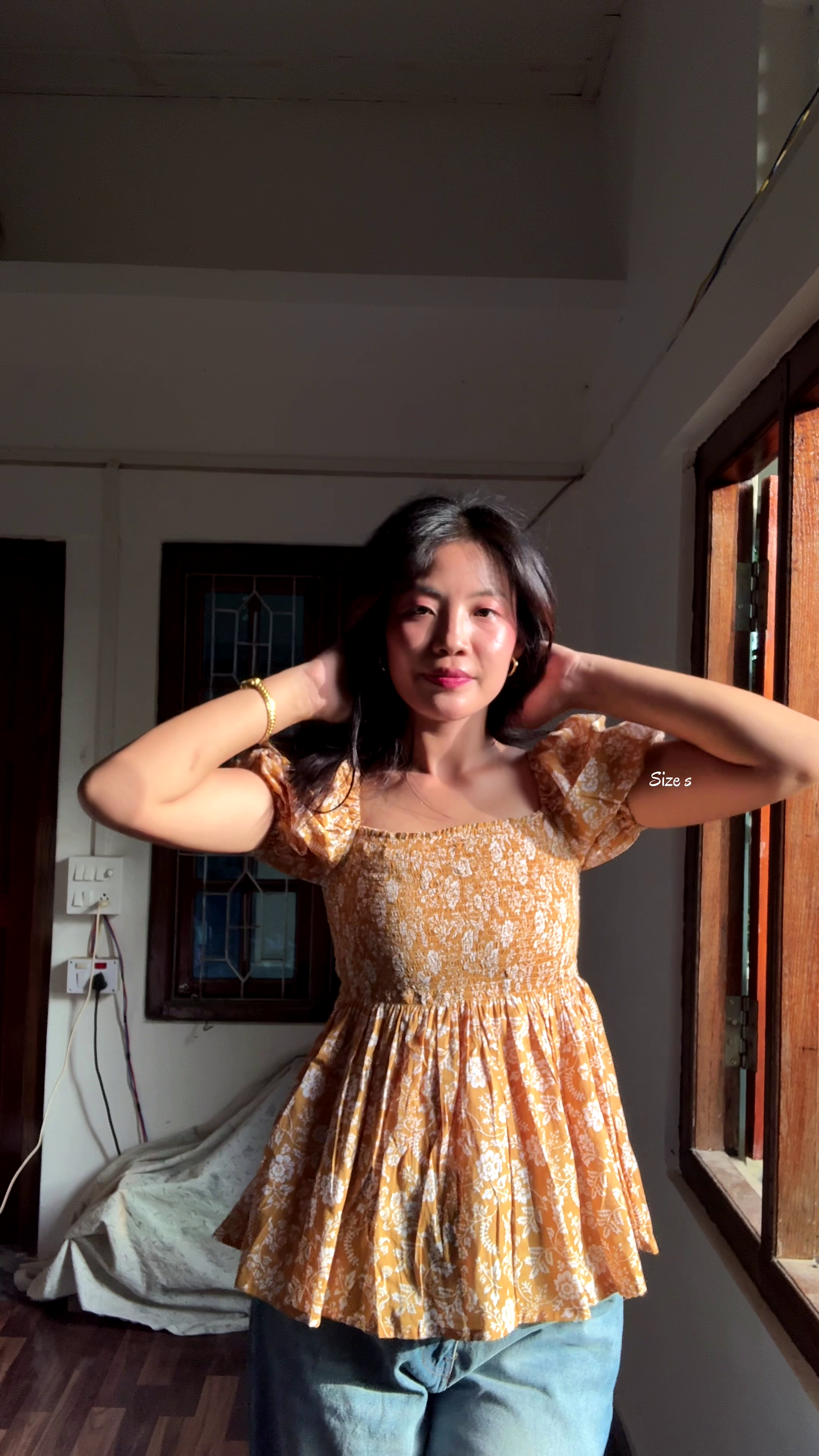 Chic Mustard Floral Smocked Peplum Top with Puff Sleeves