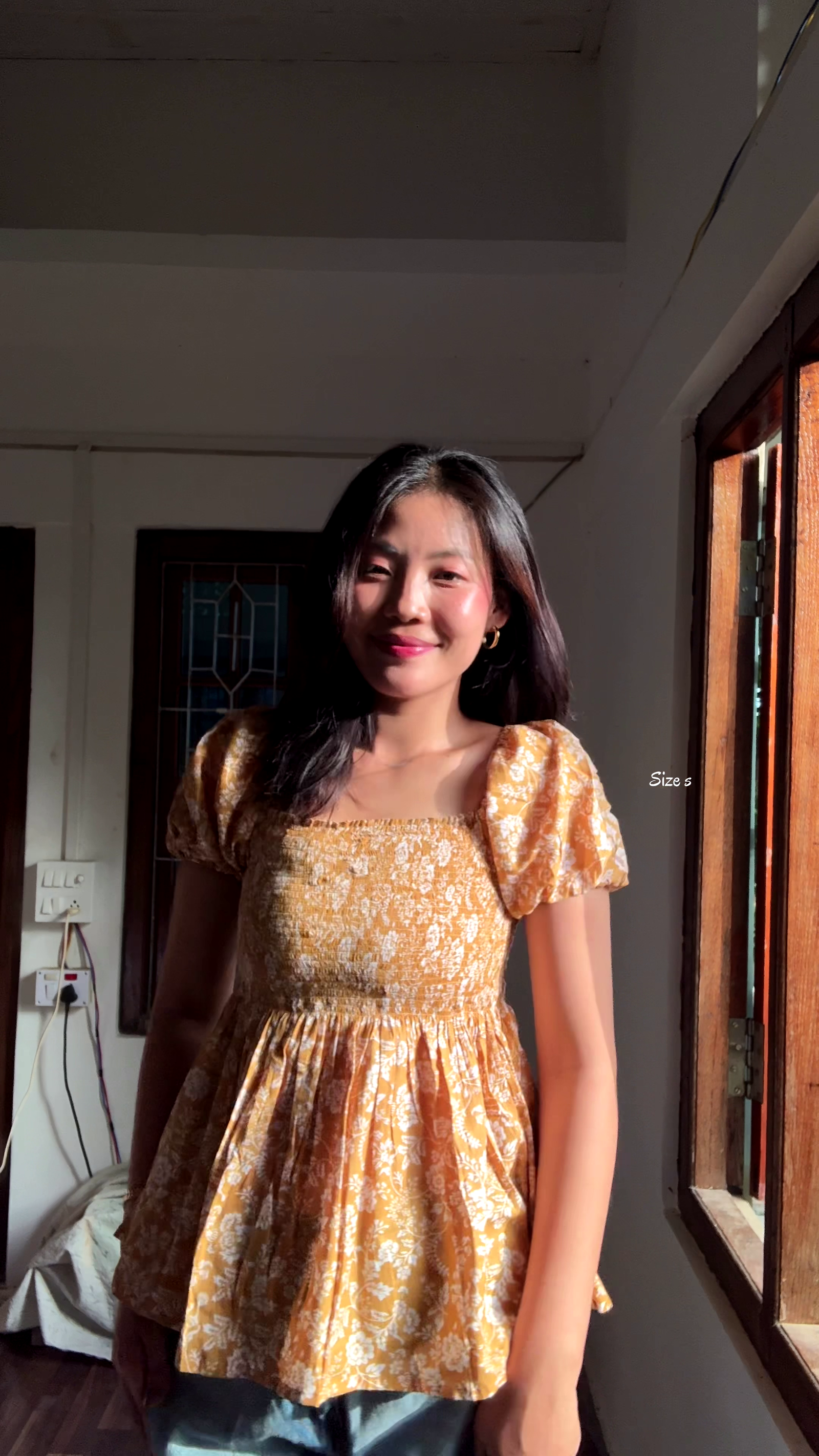 Chic Mustard Floral Smocked Peplum Top with Puff Sleeves