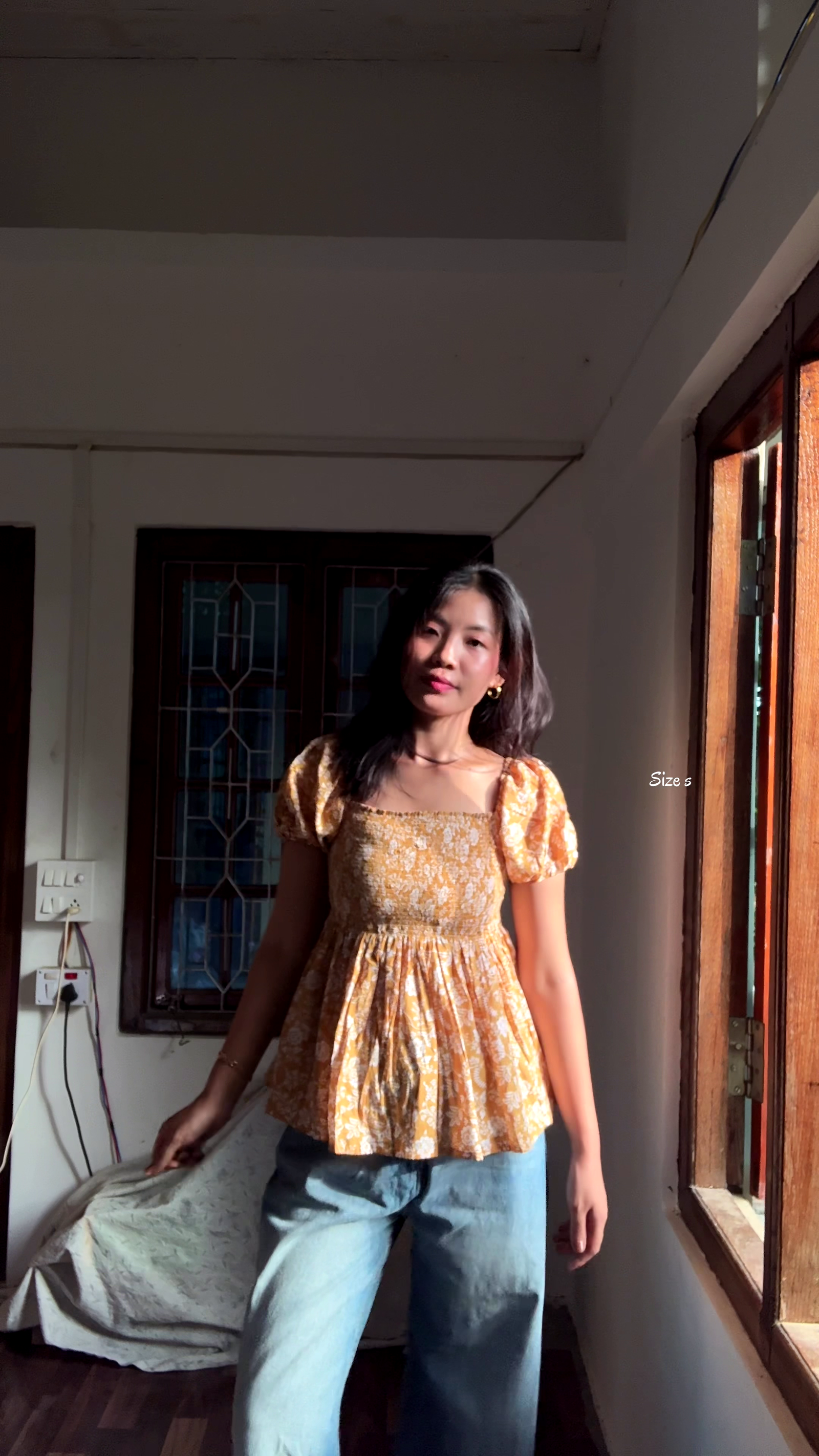 Chic Mustard Floral Smocked Peplum Top with Puff Sleeves