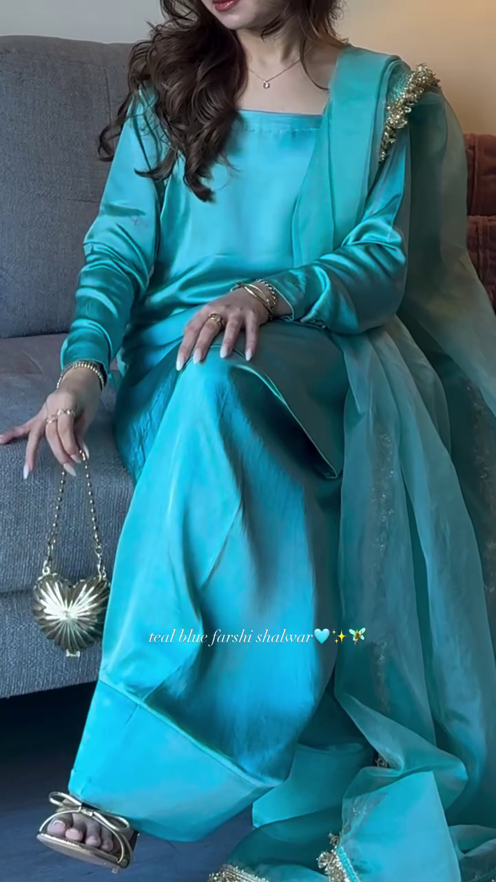 Luxury Teal Farshi Shalwar Set with Gold Embellished Dupatta