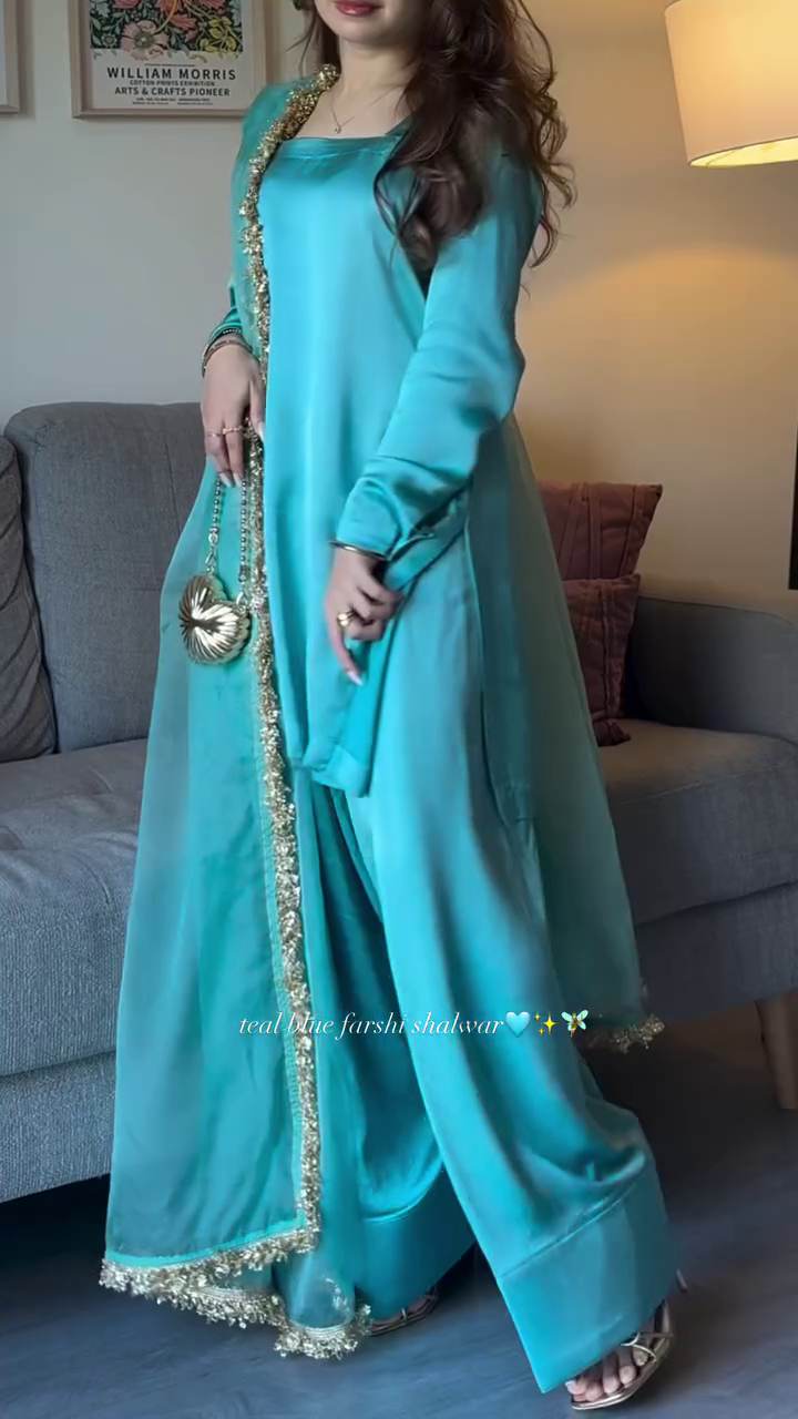 Luxury Teal Farshi Shalwar Set with Gold Embellished Dupatta