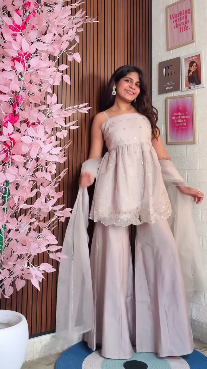 Graceful Taupe Festive Co-ord Set with Flowy Palazzo and Sheer Dupatta