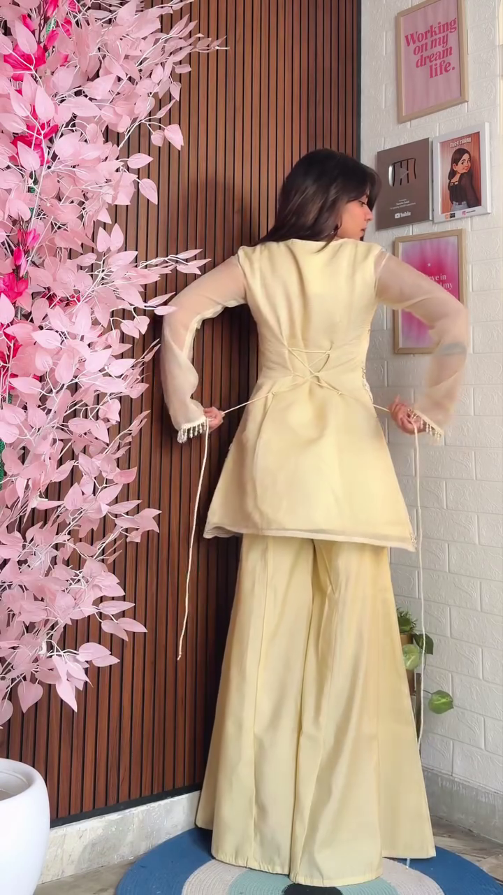 Graceful Taupe Festive Co-ord Set with Flowy Palazzo and Sheer Dupatta