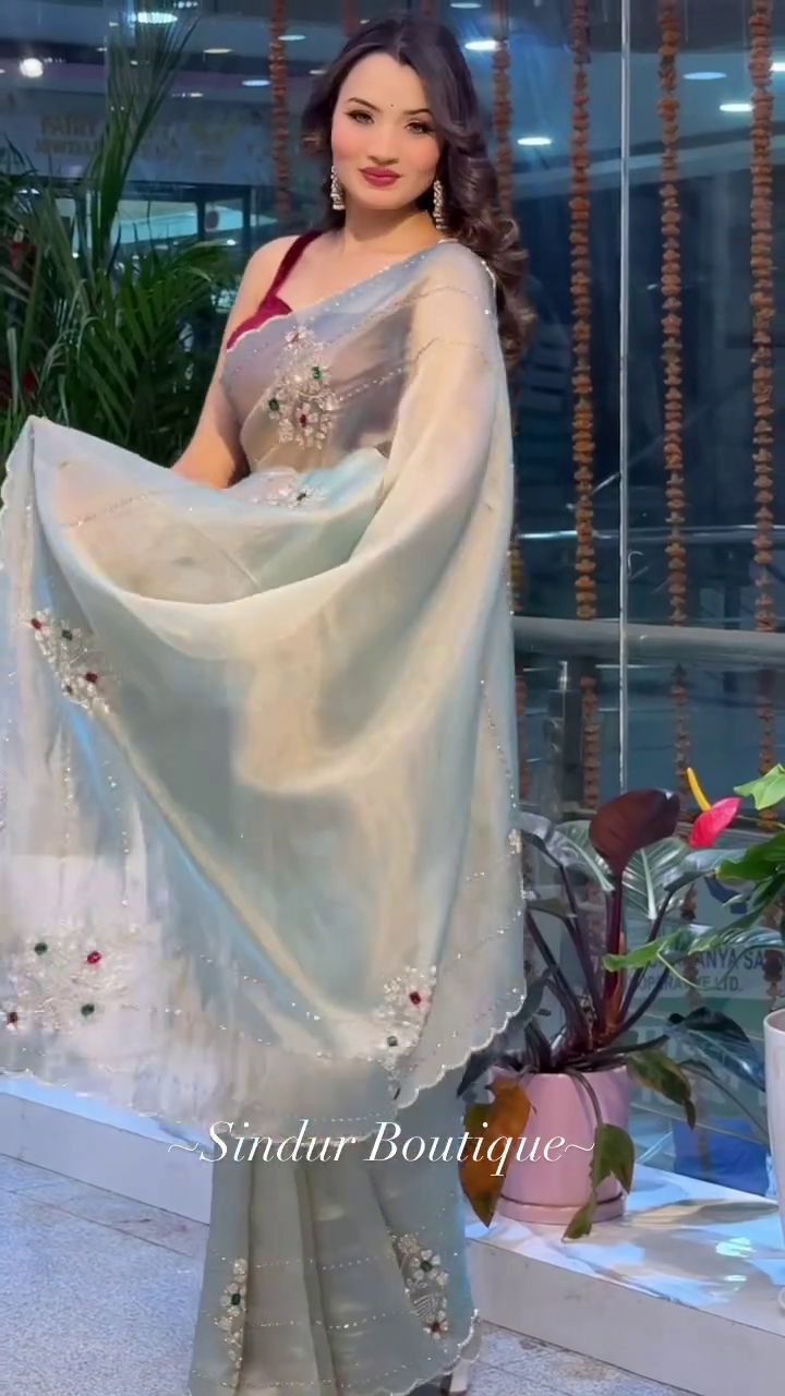 Elegant Grey Organza Saree with Hand Embellished Floral Work