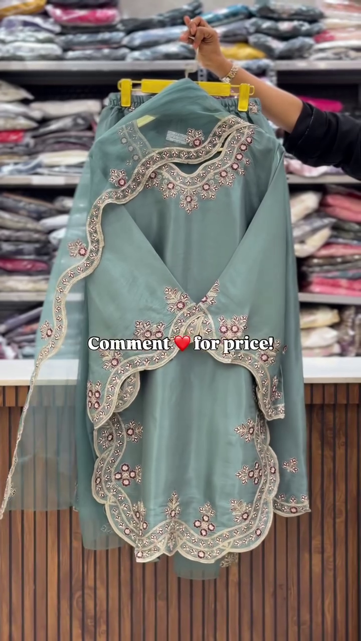 Elegant Sage Green Embroidered Suit Set with Dupatta