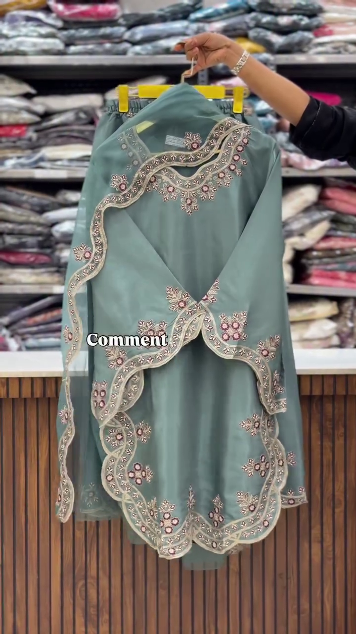 Elegant Sage Green Embroidered Suit Set with Dupatta