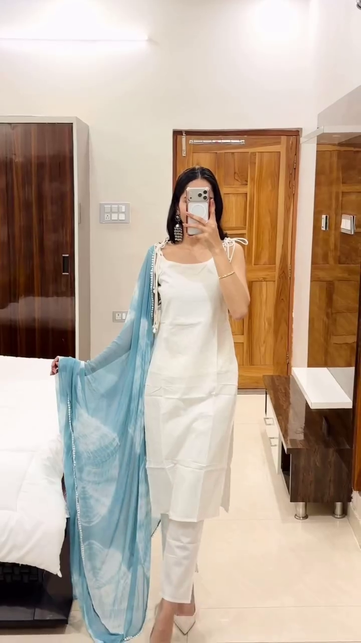 Elegant White Kurta Pant Set with Teal Blue Dupatta