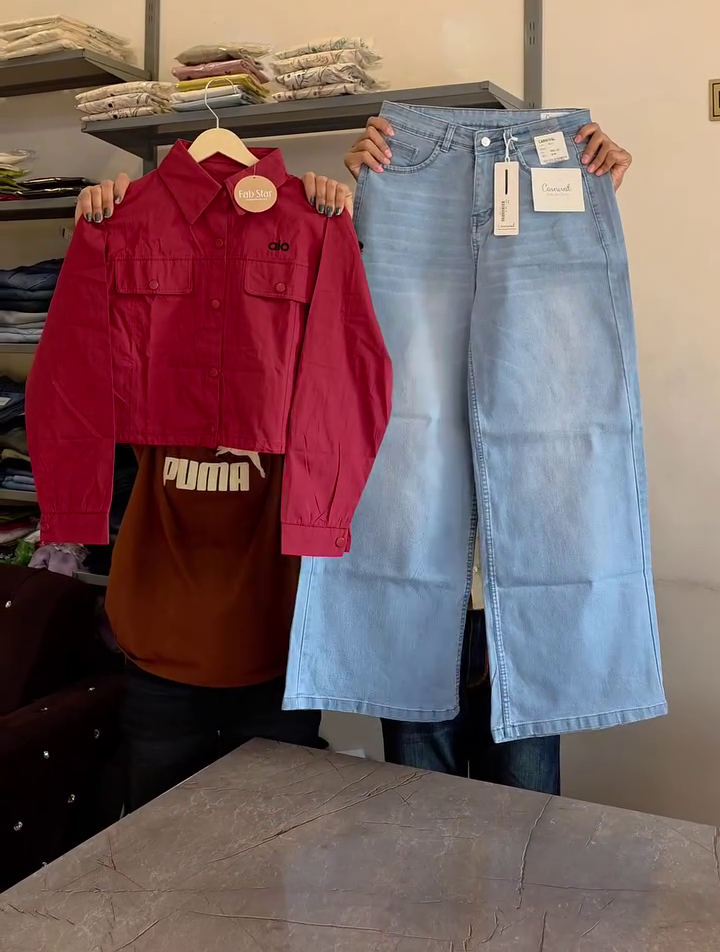 Trendy Pink Cropped Jacket and Light Blue Wide-Leg Jeans