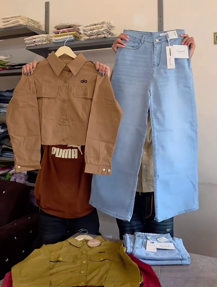 Trendy Pink Cropped Jacket and Light Blue Wide-Leg Jeans