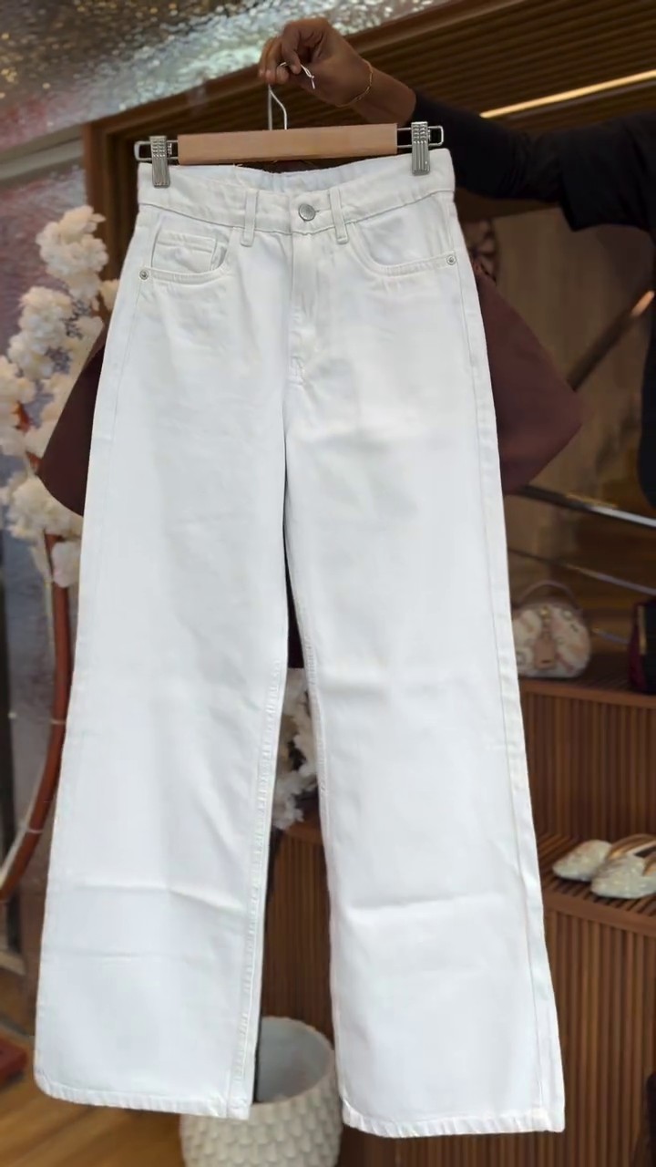 Elegant Brown Peplum Top with White Wide-Leg Pants