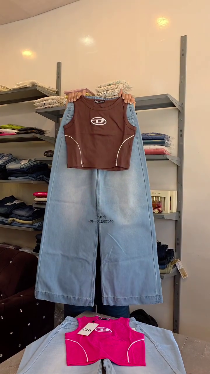 Trendy Pink Sleeveless Crop Top with Light Blue Wide-Leg Jeans