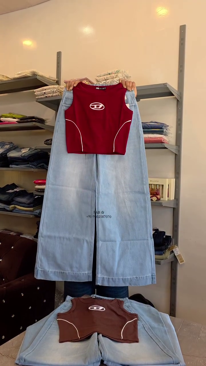 Trendy Pink Sleeveless Crop Top with Light Blue Wide-Leg Jeans