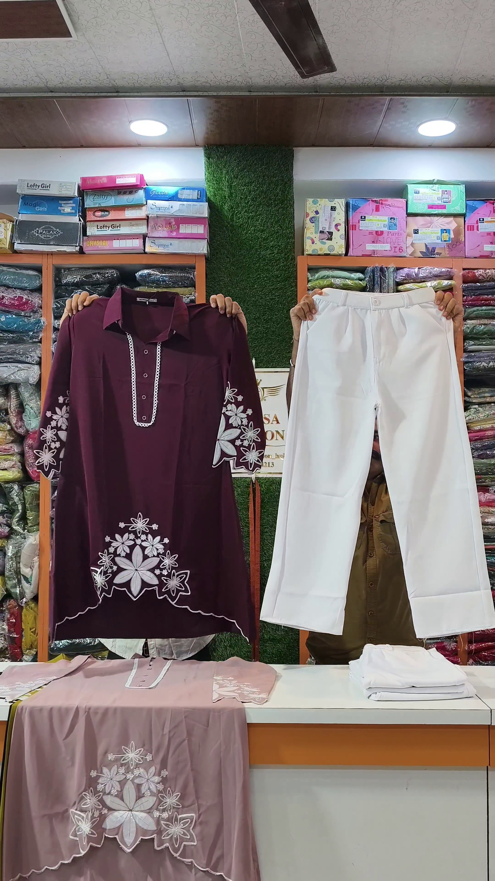 Classic Brown Embroidered Kurti with Elegant White Bottom