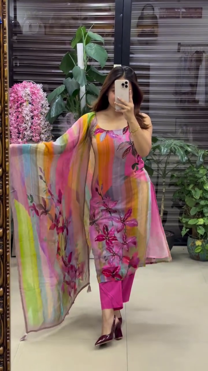Vibrant Multicolor Floral Kurti Set with Pink Bottom and Elegant Dupatta