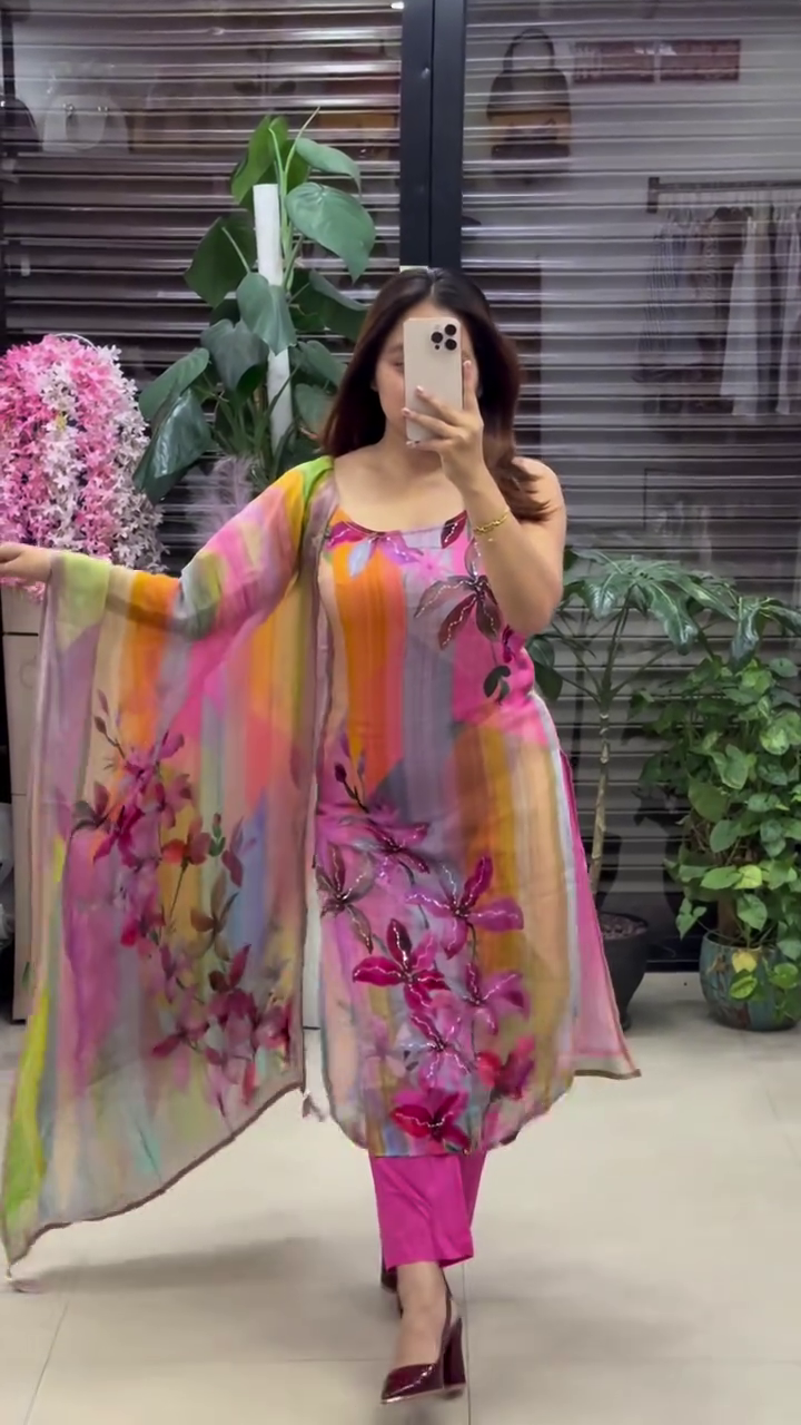 Vibrant Multicolor Floral Kurti Set with Pink Bottom and Elegant Dupatta