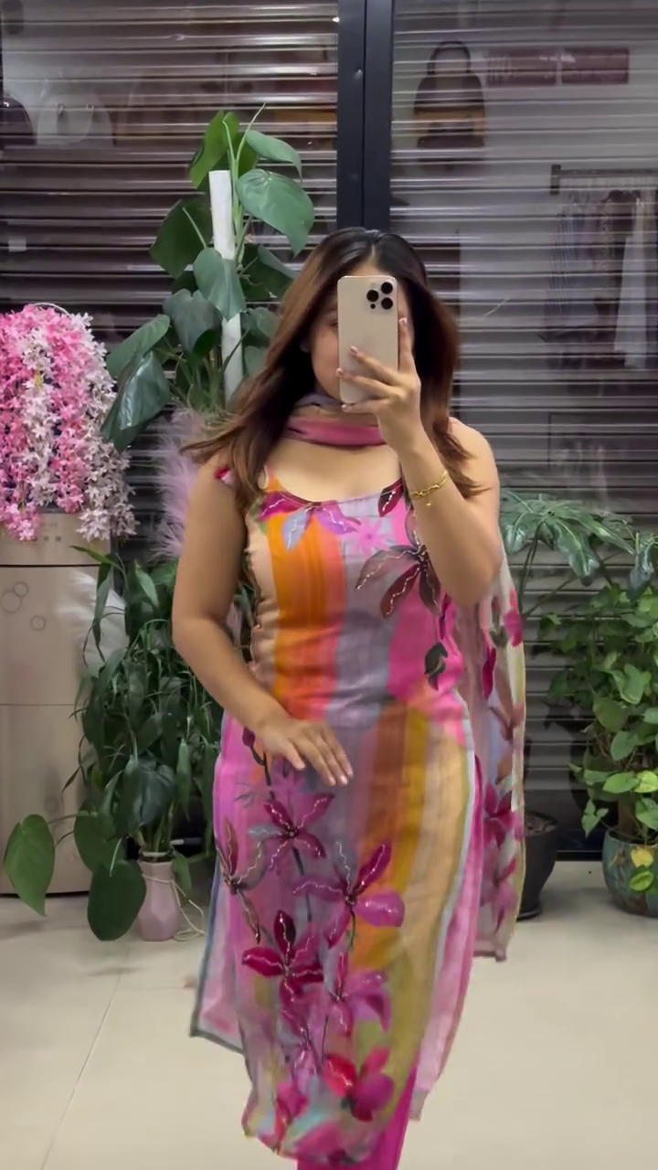 Vibrant Multicolor Floral Kurti Set with Pink Bottom and Elegant Dupatta