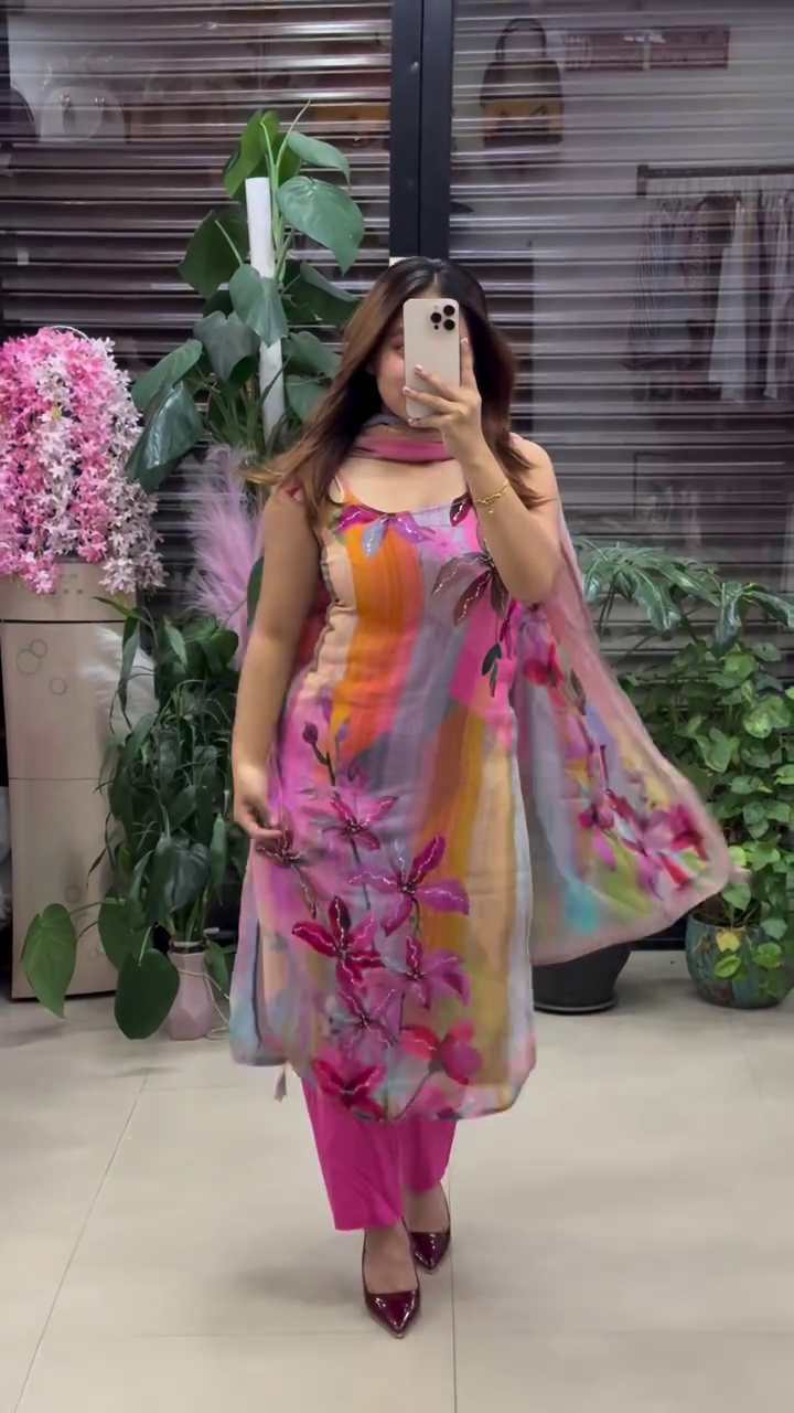 Vibrant Multicolor Floral Kurti Set with Pink Bottom and Elegant Dupatta