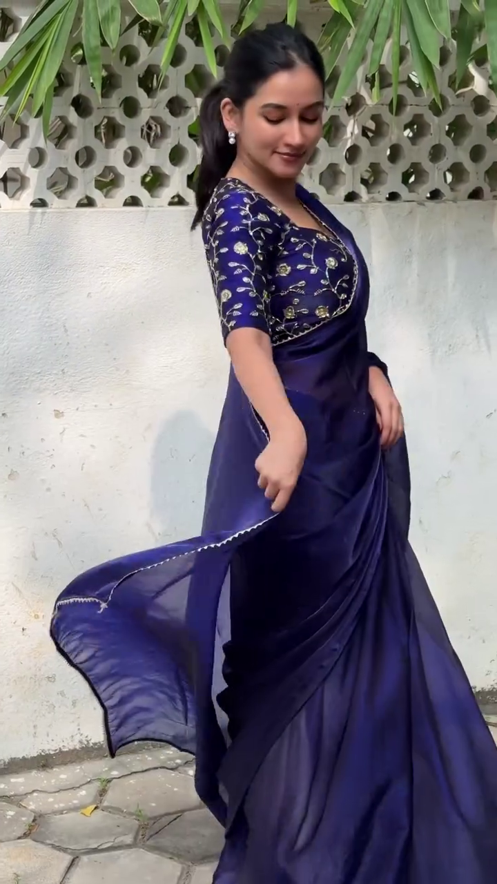 Elegant Navy Blue Organza Saree with Embroidered Blouse