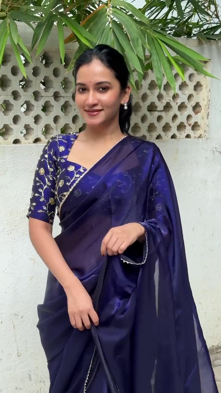 Elegant Navy Blue Organza Saree with Embroidered Blouse