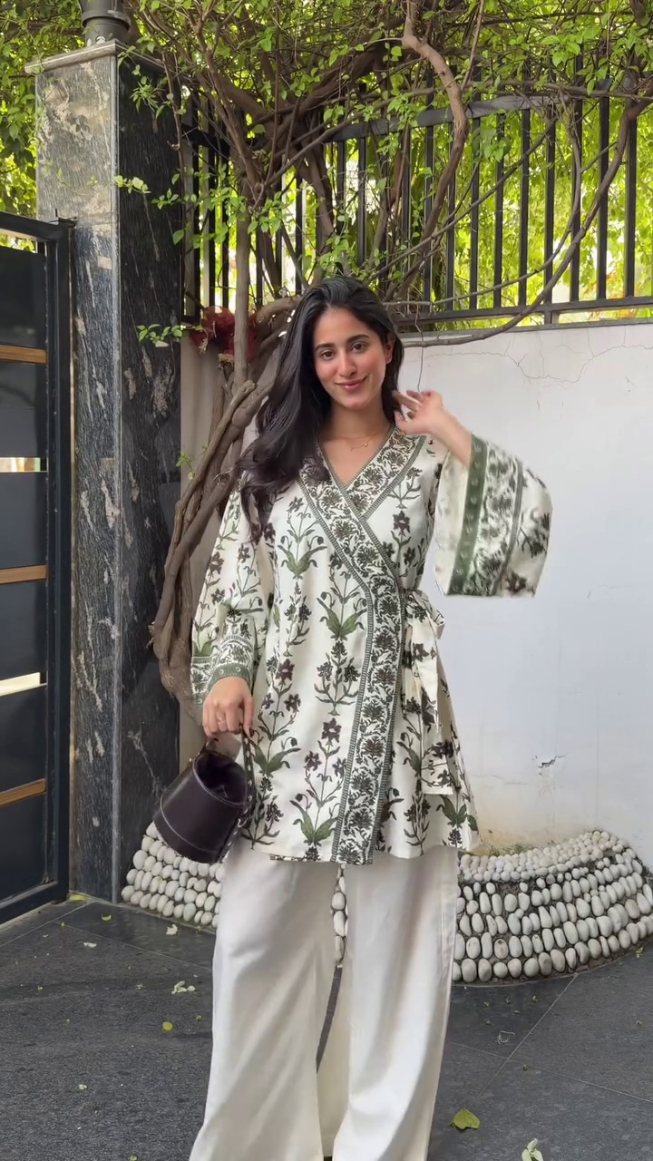 Elegant Botanical Print Kimono Style Top with White Wide Pants