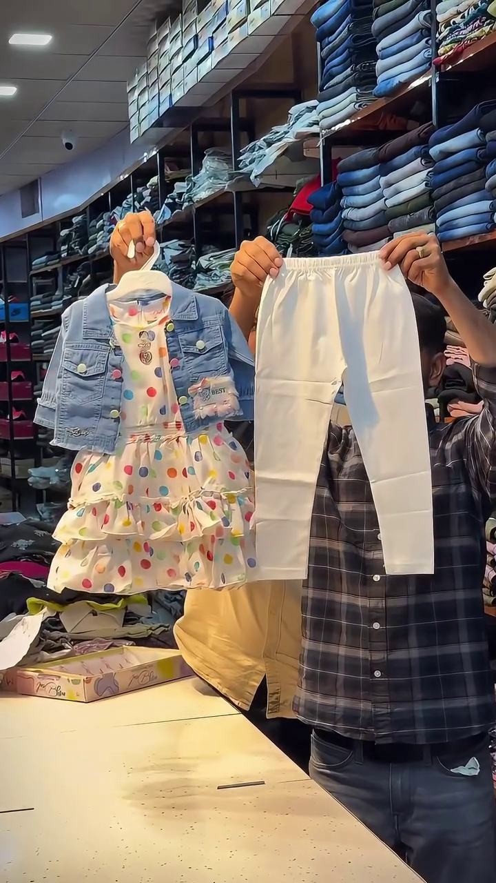 Cute Kids Polka Dot Dress with Denim Jacket and White Pants Set