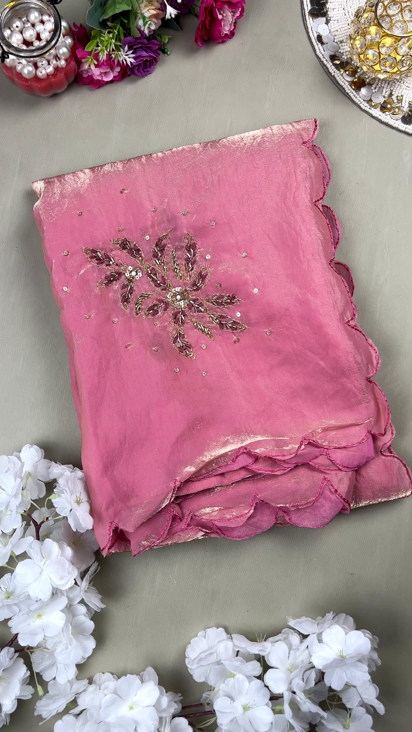 Elegant Pink Organza Embroidered Saree
