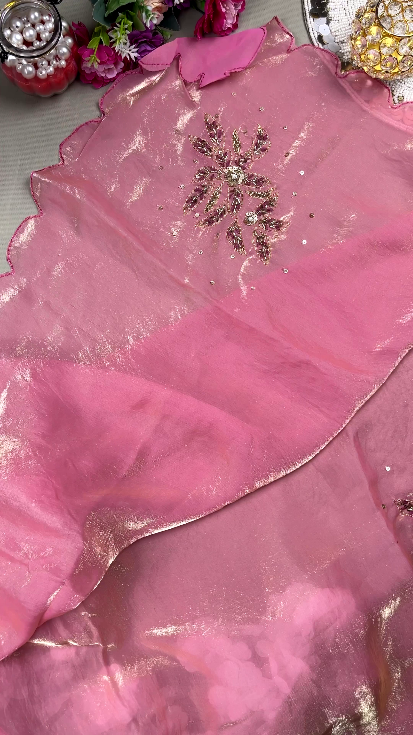Elegant Pink Organza Embroidered Saree