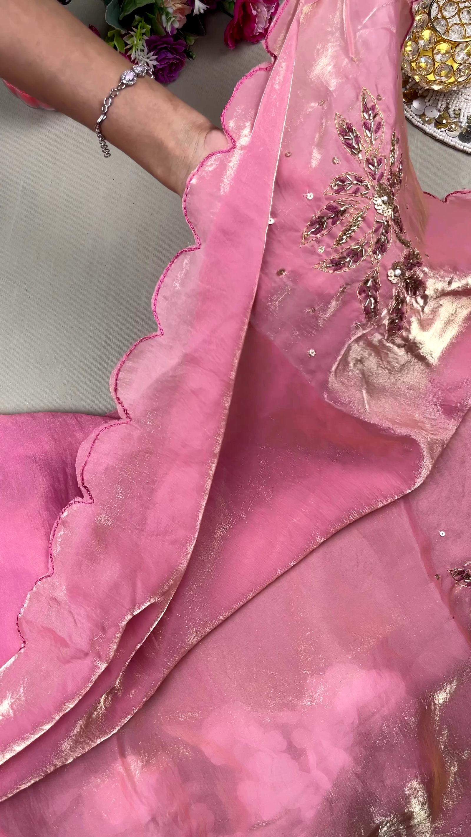 Elegant Pink Organza Embroidered Saree