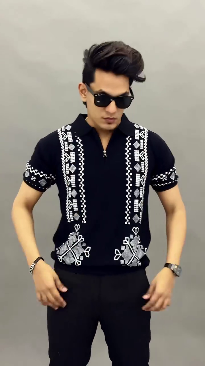 Black Embroidered Zip Polo T-Shirt