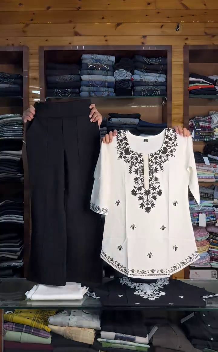 Maroon Embroidered Kurti with White Pants