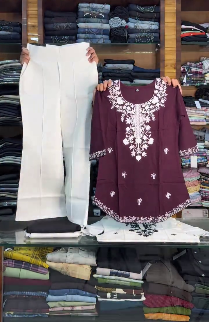 Maroon Embroidered Kurti with White Pants