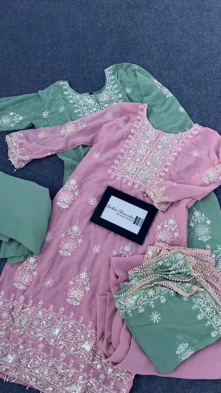 Pastel Pink & Green Embroidered Suit Combo