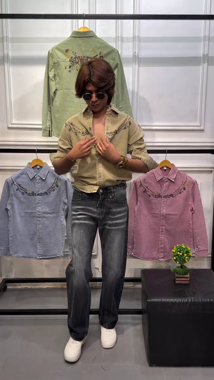Beige Embroidered Denim Shirt