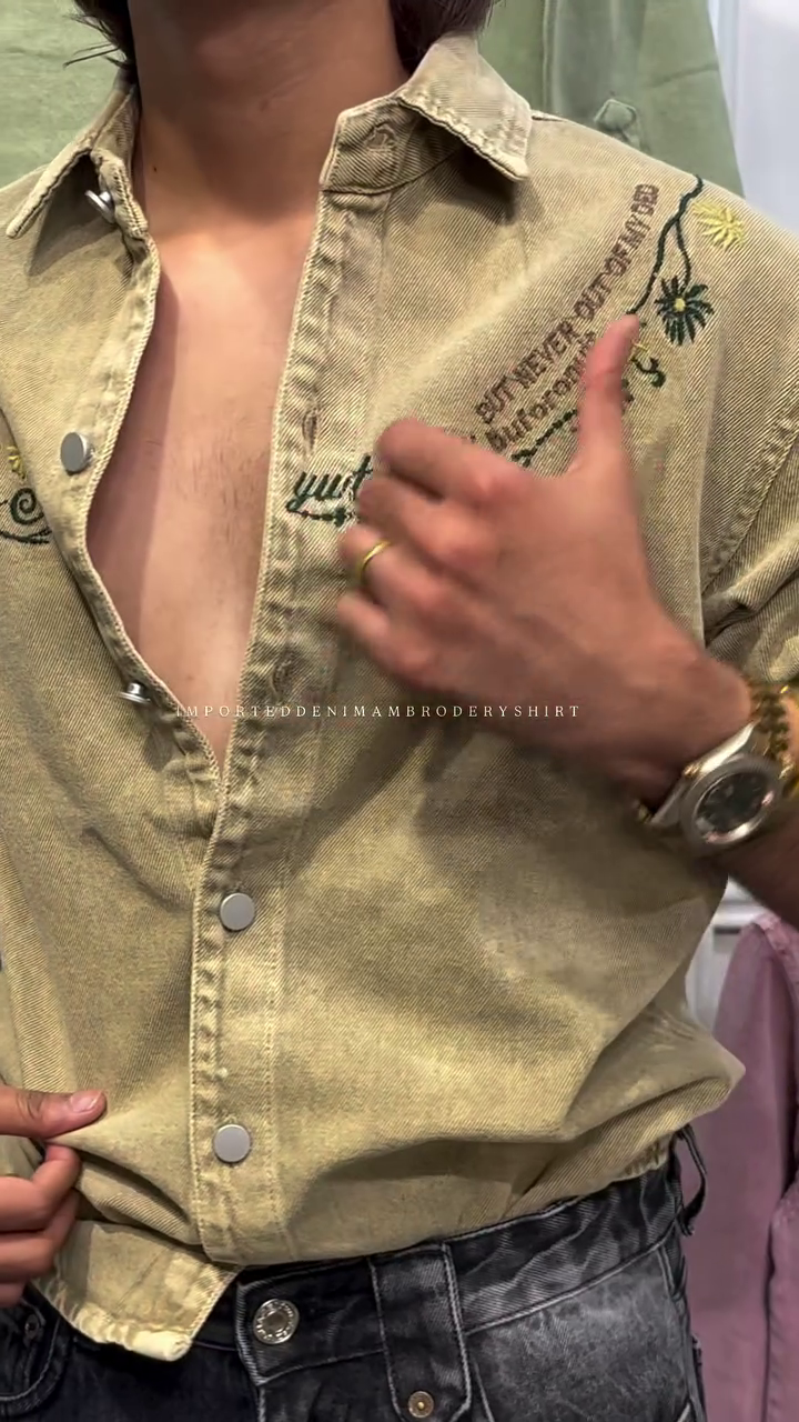 Beige Embroidered Denim Shirt