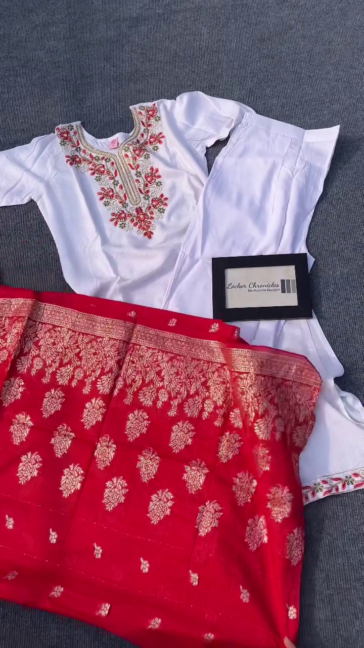 White & Red Festive Kurti Set