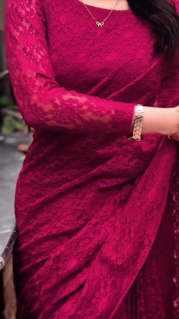 Wine Floral Lace Saree
