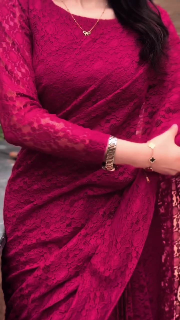 Wine Floral Lace Saree