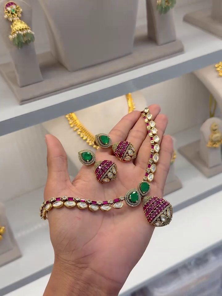 Traditional Kundan Necklace Set with Green & Ruby Stones