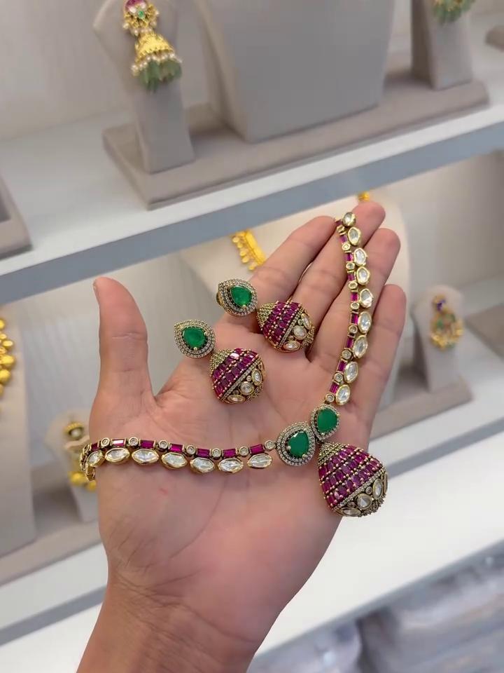 Traditional Kundan Necklace Set with Green & Ruby Stones