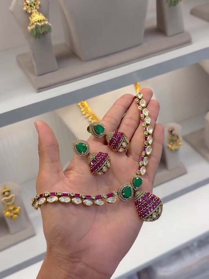Traditional Kundan Necklace Set with Green & Ruby Stones