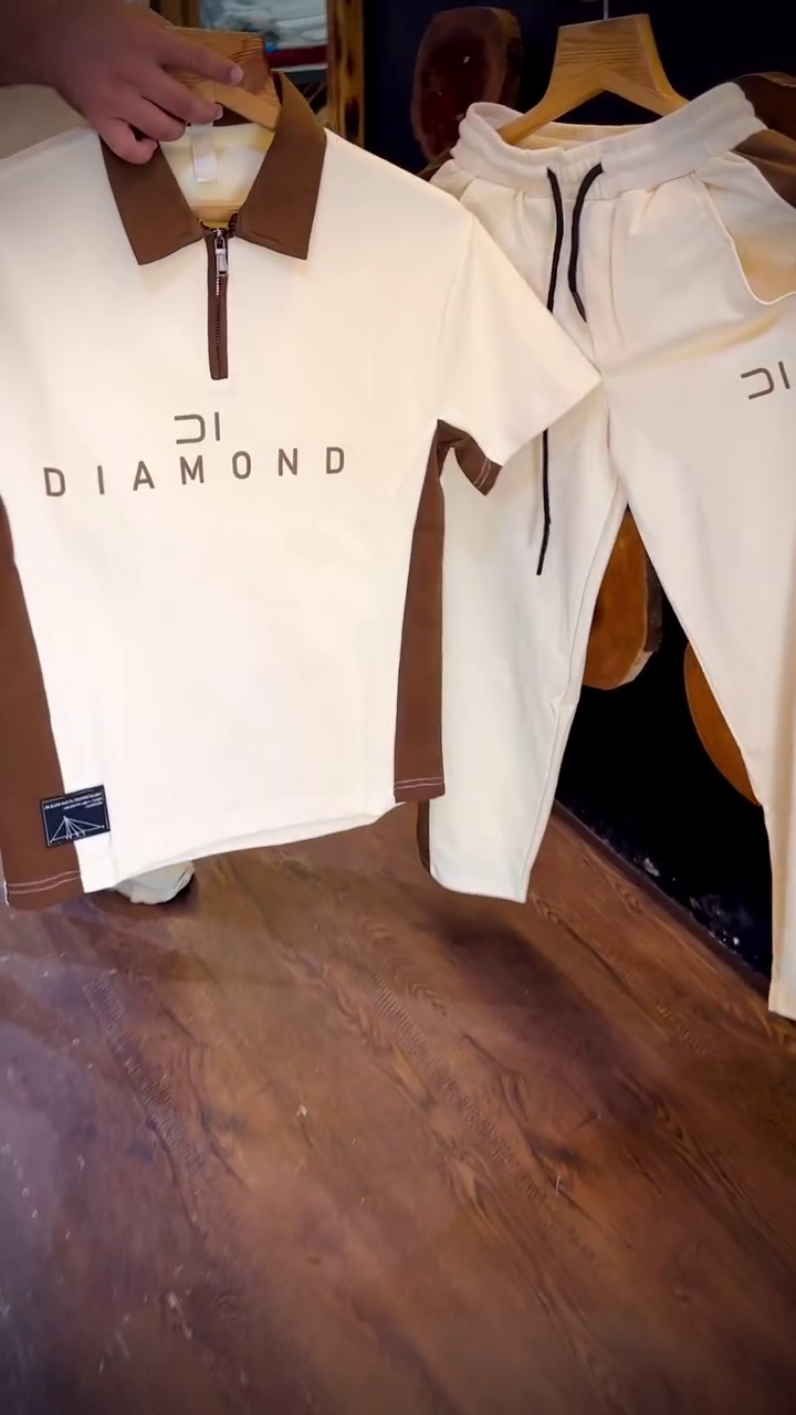 Men's Cream & Brown Polo T-Shirt with Jogger Co-Ord Set