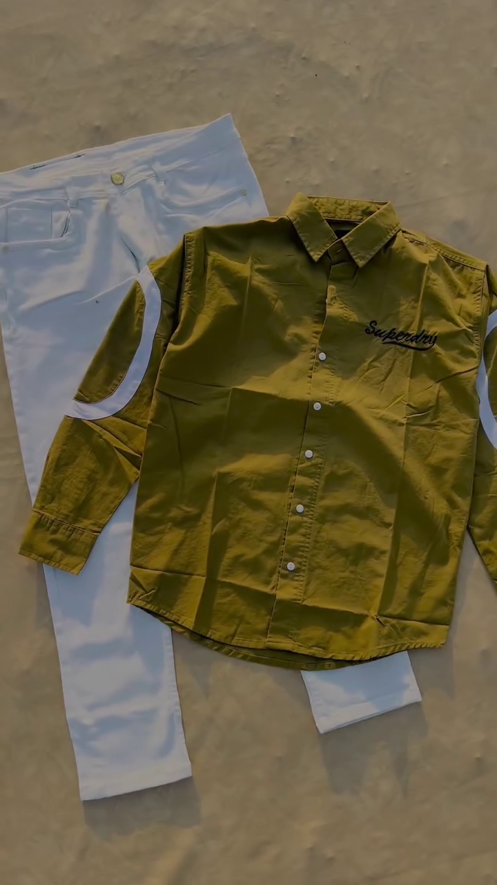 Boys Olive Green Shirt & White Pant Set