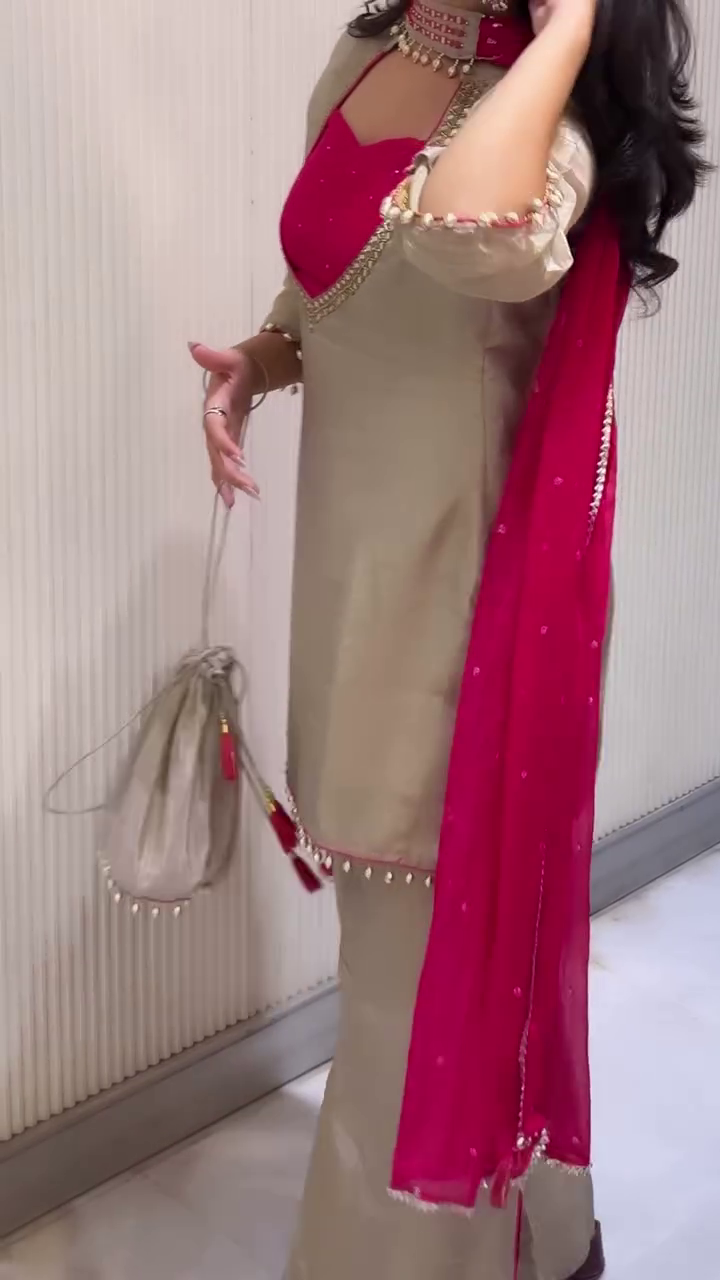 Beige & Pink Designer Kurta Palazzo Set