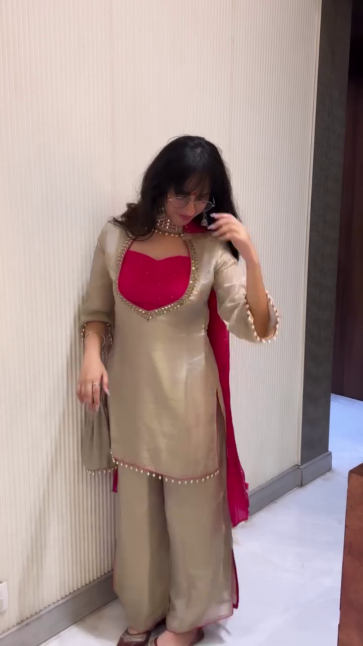 Beige & Pink Designer Kurta Palazzo Set