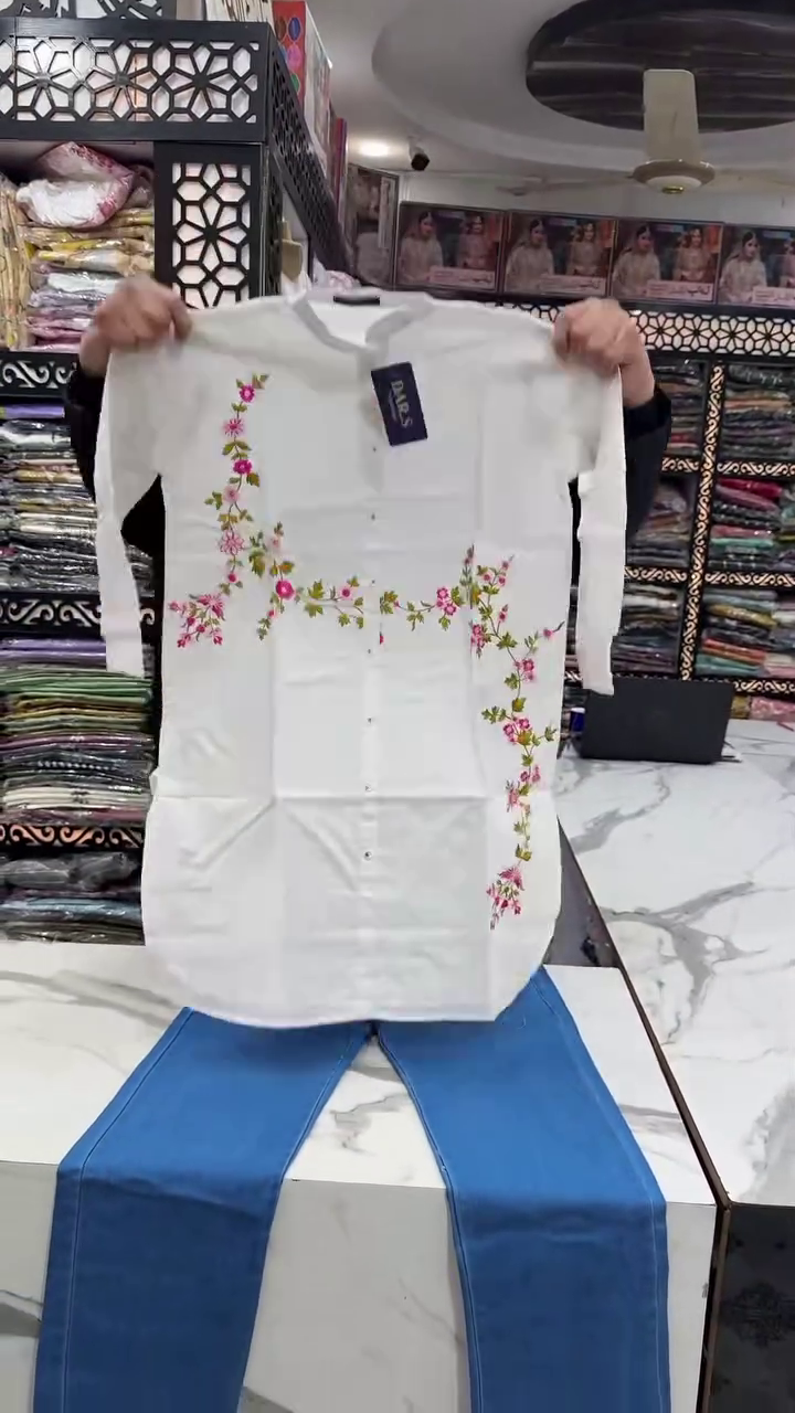 Women's White Floral Embroidered Kurti with Blue Straight Pants