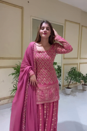 Peach Palazzo Suit with Sequins work and Round Neck