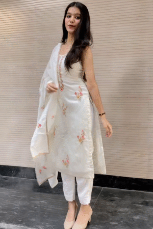 Women's Off White Cotton Embroidered Straight Kurta Set