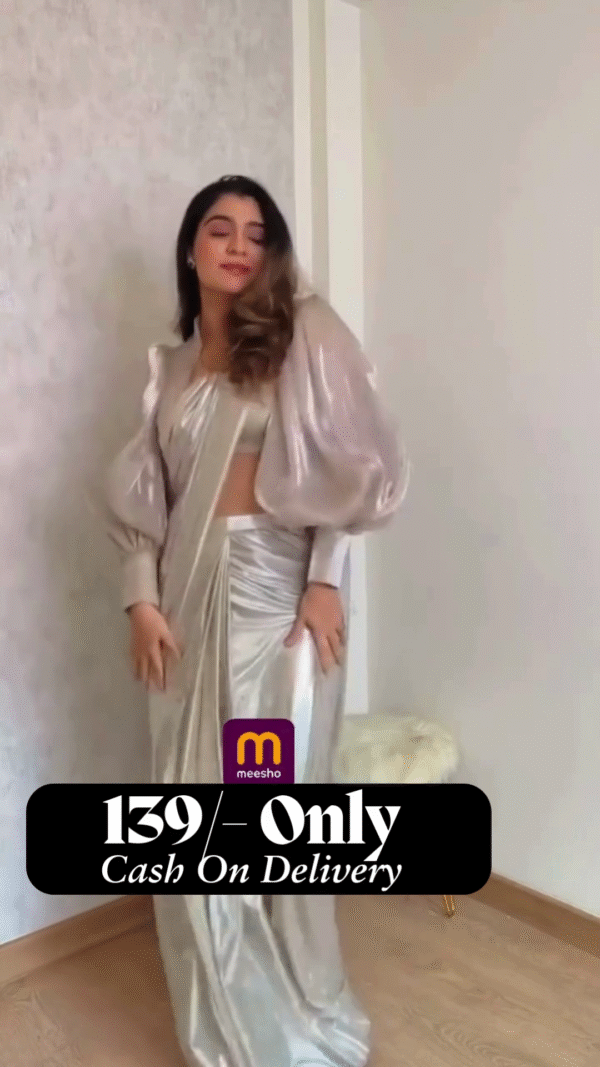 wishlist Silver Metallic Draped Saree Set - Image 5