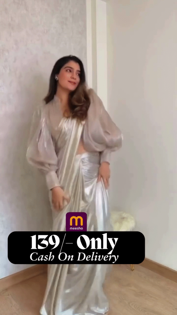 wishlist Silver Metallic Draped Saree Set - Image 3